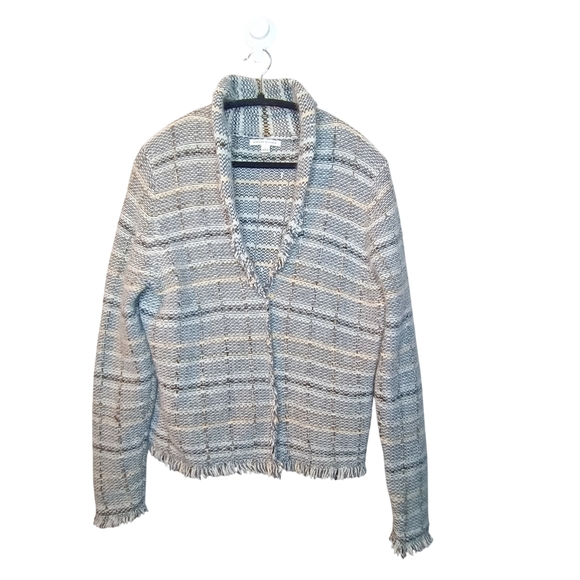 Banana Republic Gray Wool Angora Blend Fringed Cardigan Made In Hong Kong Size L - Picture 1 of 11